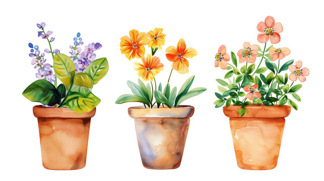 Collection of watercolor paintings of potted flowers