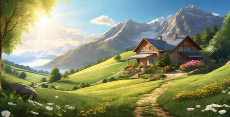 rural views with mountains behind, beautiful flowers and grass covering the side of the road