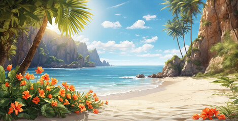 views of the sunny beach with the surrounding hills, palm trees and beautiful flowers, sparkling...