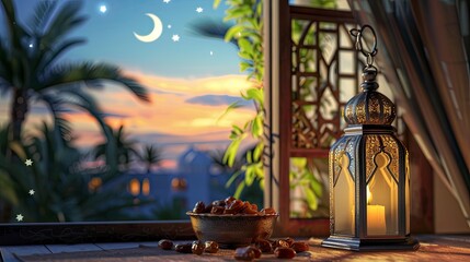 Fototapeta na wymiar arabic lantern with burning candle and bowl of fresh dates in front of open window islamic shades, crescent moon and stars, realistic, copy space - generative ai
