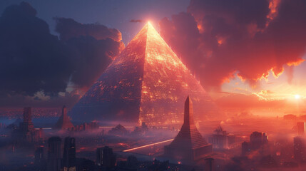 Description A vibrant futuristic cityscape is depicted with towering skyscrapers and sleek highspeed trains zooming by. In the center a massive glowing pyramid stands representing