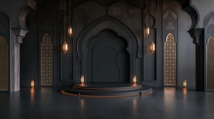 3d black islamic stage podium cylinder with golden lights in dark or night theme for ramadan or islamic festivity.