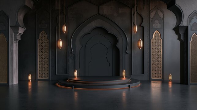 3d black islamic stage podium cylinder with golden lights in dark or night theme for ramadan or islamic festivity.