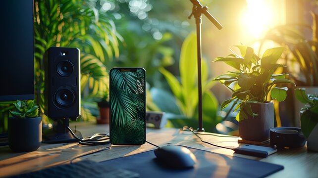 Close-up of a smartphone set up for recording or streaming in a vibrant plant-filled space