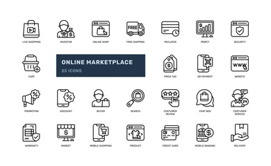 Online marketplace e commerce shopping web website app detailed outline line icon set
