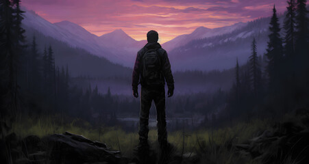 man standing in a forest at night looking out over mountains