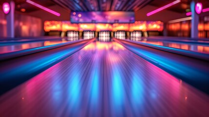 Fototapeta na wymiar Neon lights cast vibrant glows on bowling alley lanes during cosmic play