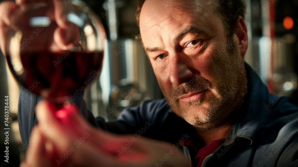 Poster a winemaker checks the clarity of the red wine by holding a gl up to the light admiring its deep rub
