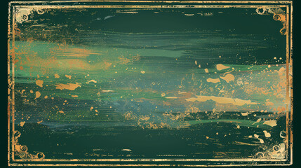 Vintage, distressed frame in gold on a green background. Rustic, weathered. 16x9
