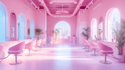 Chic salon interior with stylish pink chairs and arch mirrors reflecting a modern design - obrazy, fototapety, plakaty