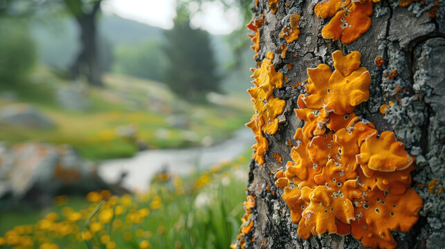Close up of lichen squamulose growing on the north side of a tree trunk
