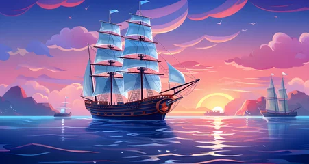 Fototapete illustration style painting of ship in ocean with sunset © Amelia