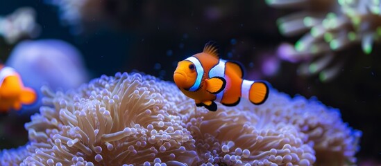 Naklejka na ściany i meble Vibrant Clown Fish Swimming Gracefully in a Colorful Sea Anemone Habitat