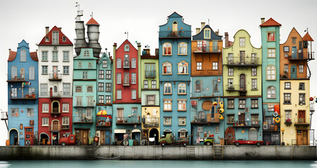 there is a large long line of colorful buildings by the water