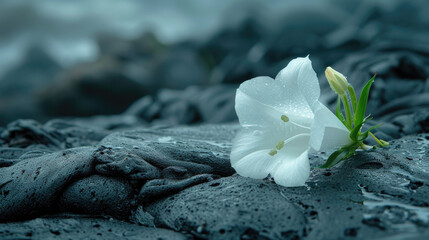 A single Angel's Trumpet flower rests on a black lava rock background
