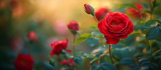 A close up of a vibrant red hybrid tea rose in a garden, surrounded by lush grass and other flowering plants. A beautiful natural landscape that brings joy - obrazy, fototapety, plakaty