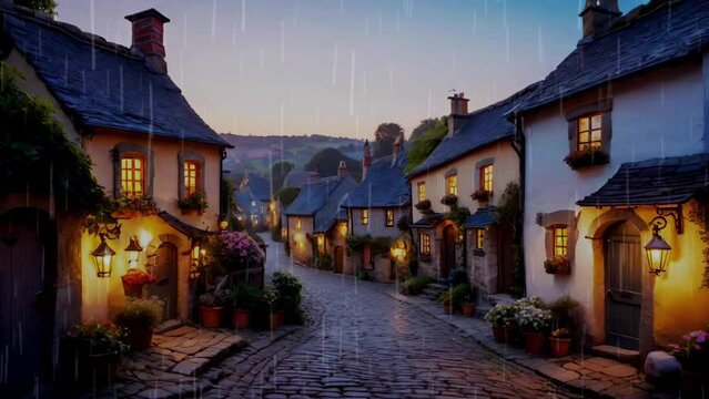Old houses in beautiful village on rainy day illustration