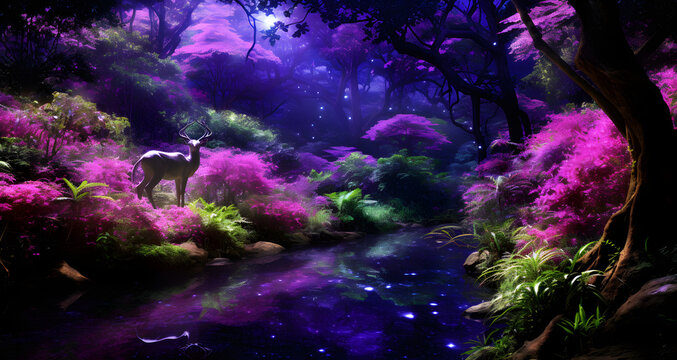 two animals walking on a path through a lush purple forest
