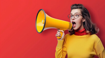 Vibrant banner woman shouting into megaphone on red background, advertising, marketing, announcement concept