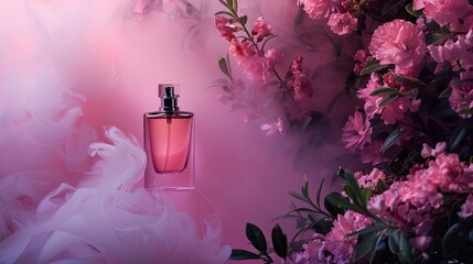 perfume and flowers with bacground pink - obrazy, fototapety, plakaty