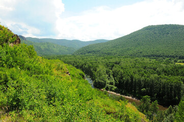 View from the top of the mountain to the endless taiga and the narrow river crossing it on a cloudy summer day.
