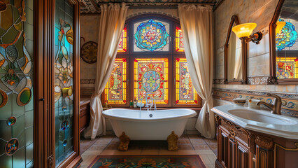 Obraz premium Timeless Luxury: Antique Bathroom Adorned with Stained Glass