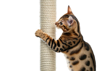 Bengal cat using a scratching post, isolated on transparent background. - obrazy, fototapety, plakaty