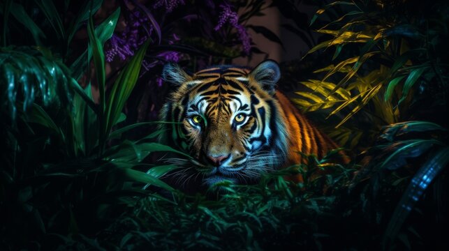 Tropical Tiger Gazing from a Lush Neon-Lit Jungle