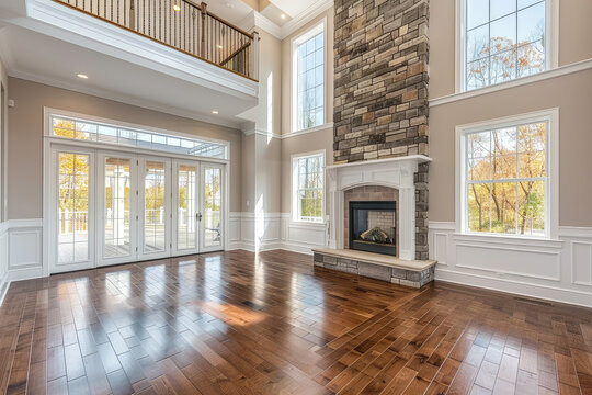 Beautiful living room interior with hardwood floors and fireplace in new luxury home. Creative Banner. Copyspace image