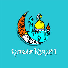 Half moon and mosque, decorative line drawing on blue background
