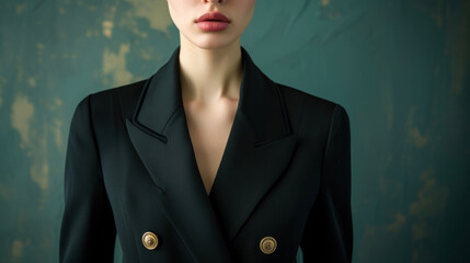 A tailored blazer with sharp lapels and gold button detailing inspired by the sharpness of military dress uniforms. An ideal outfit for a museum gala. - obrazy, fototapety, plakaty