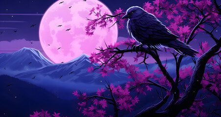 a purple and blue painting of a raven sitting on a tree with the moon rising in the background