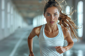 A close-up shot of a beautiful and slim female runner doing fitness workout, on isolated blurred indoors background with windows... - obrazy, fototapety, plakaty
