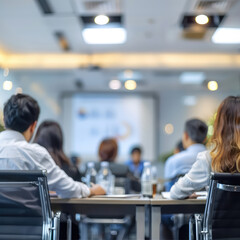 Blur office meeting blurred background with business people working group in boardroom discussion, executive seminar or professional training in enterprise