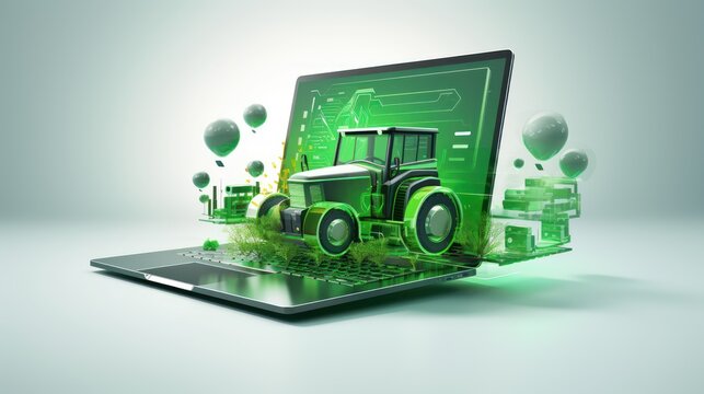 A Vector image of 3D illustration of tractor, smart farming concept on laptop advertising online farm management. Online farming control technology.