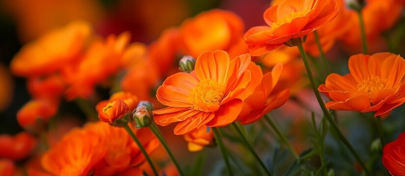 Vibrant orange flowers blooming in a lush field under the clear blue sky