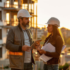 Caucasian Male Engineer Using Tablet And Talking To Hispanic Female Architect On Construction Site Of Real Estate Project. Colleagues Discussing Building Plan Of Apartment Complex During Golden Hour.