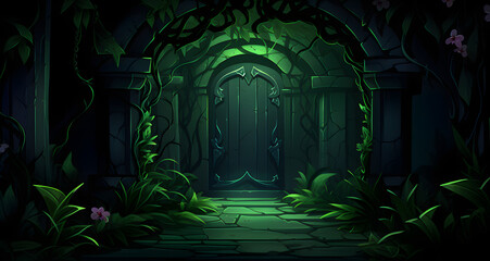 an artistic rendering of a cave entrance with plants