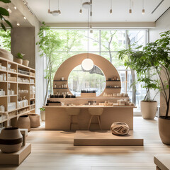 "Botanical Beauty: A Cozy Store with Greenery and Products"