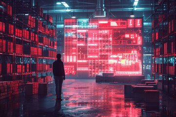 Futuristic Technology Retail Warehouse: Worker Doing Inventory Walks when Digitalization Process Analyzes Goods, Cardboard Boxes, Products with Delivery Infographics in Logistics, Distribution Center