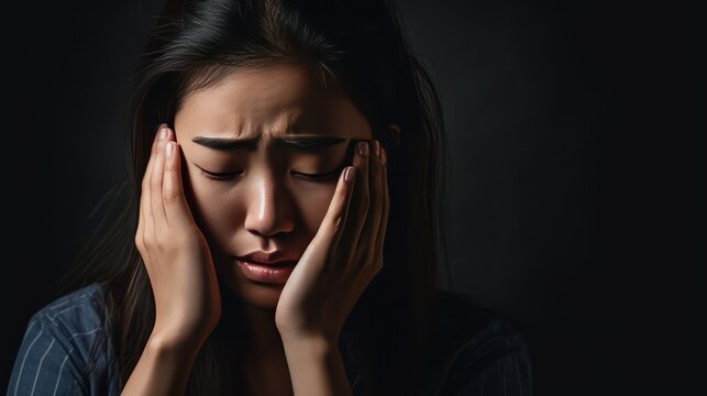 A Depressed frustrated young Asian woman suffering from headache, migraine, touching face, head with closed eyes, feeling stressed, sick, tired, thinking over bad news, problems, crisis.