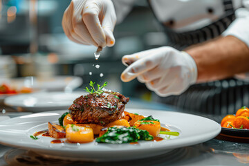 gourmet dish being prepared in a high-end restaurant kitchen