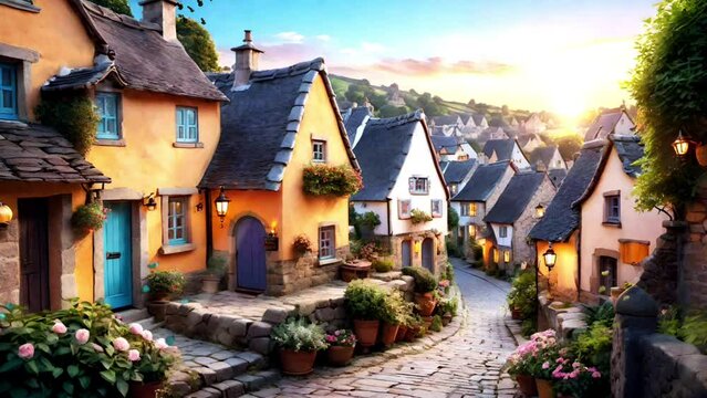 Old houses in beautiful village in the morning illustration