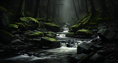 a river with rocks and boulders in the middle of a forest - Powered by Adobe