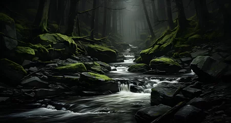 Foto op Canvas a river with rocks and boulders in the middle of a forest © Amelia