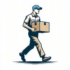 帽子を被った配達員がインターネットで購入された商品を購入者の住所に配送しているイラスト。配達員がひとりで背景が白色のシンプルな構図。