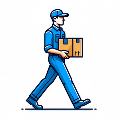 青い色のユニフォームを着た配送員が荷物をひとつ手に持って運んでいるイラスト。背景が白色で配送員だけが書かれているシンプルなイラスト。