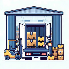 倉庫で作業員たちが荷物をトラックの荷台に積み込み作業しているイラスト。荷物はダンボール箱に入っているものが複数ありフォークリフトも描かれている。
