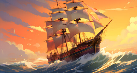 the sailing ship is in rough stormy seas