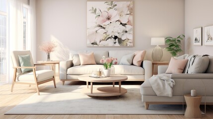 Interior design of modern luxurious living room with aesthetic palette 